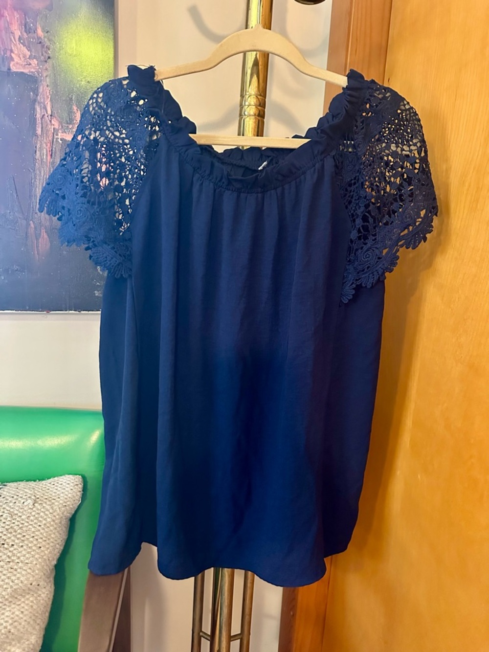Women's Navy Crochet Cap-Sleeve Blouse